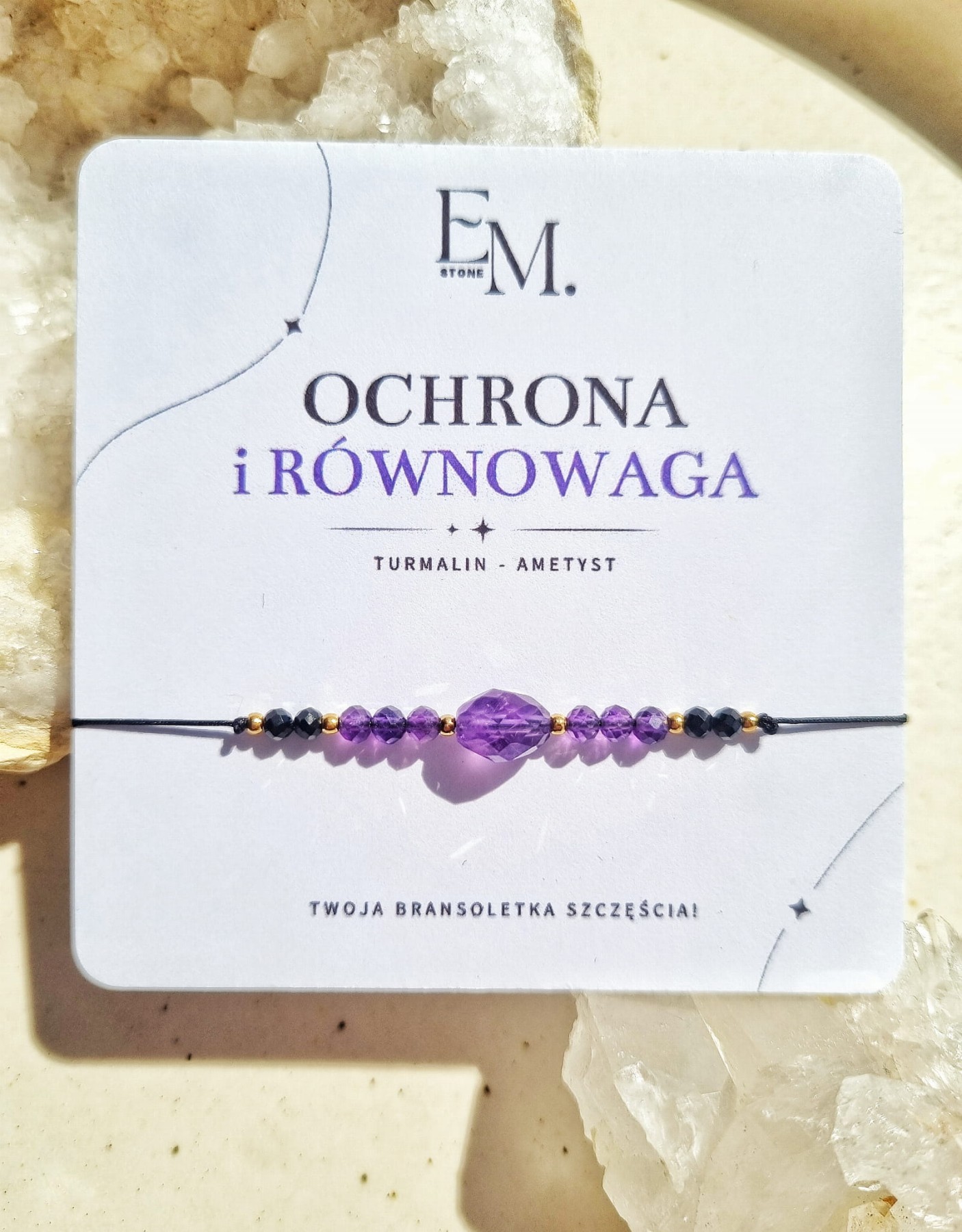 Bransoletka "Ochrona I równowaga" z czarnym turmalinem i ametystem na sznurku nylonowym